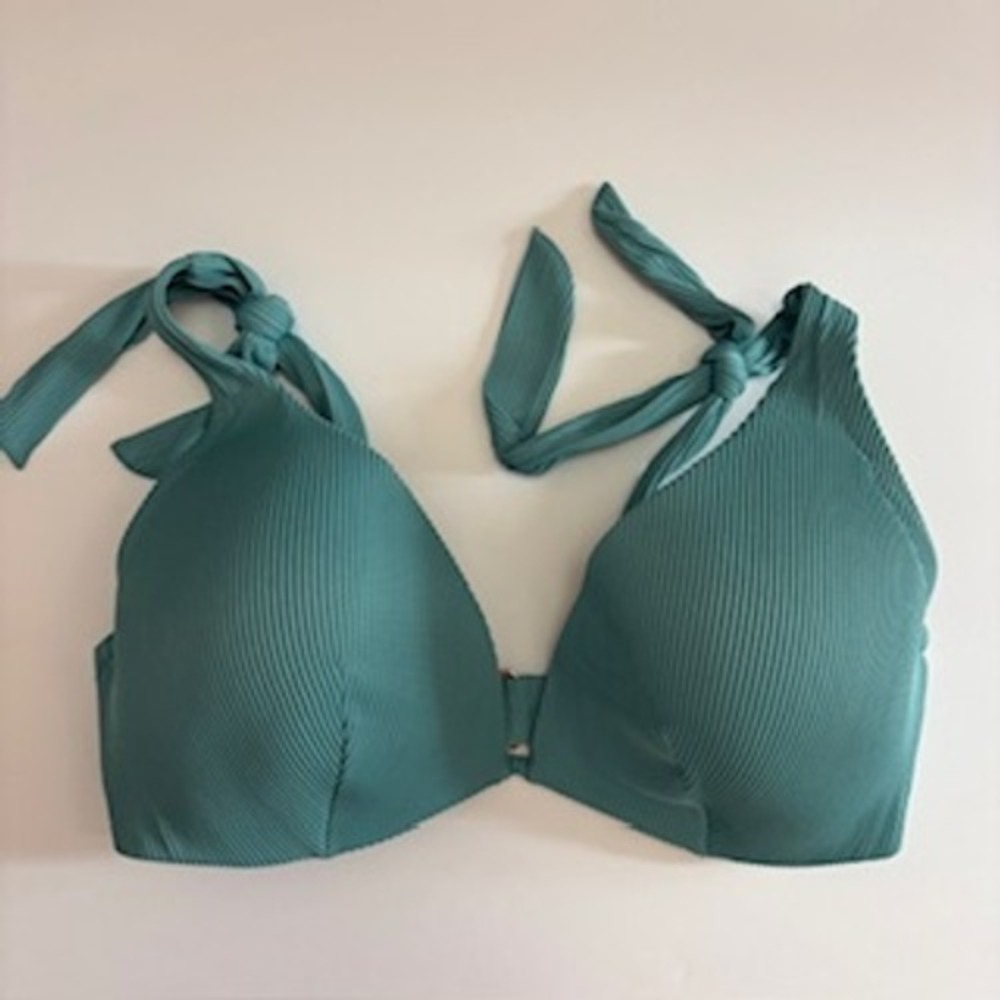 Shade & Shore Teal Ribbed Underwire Bikini Top 38DD Tie Straps Padded Swimwear